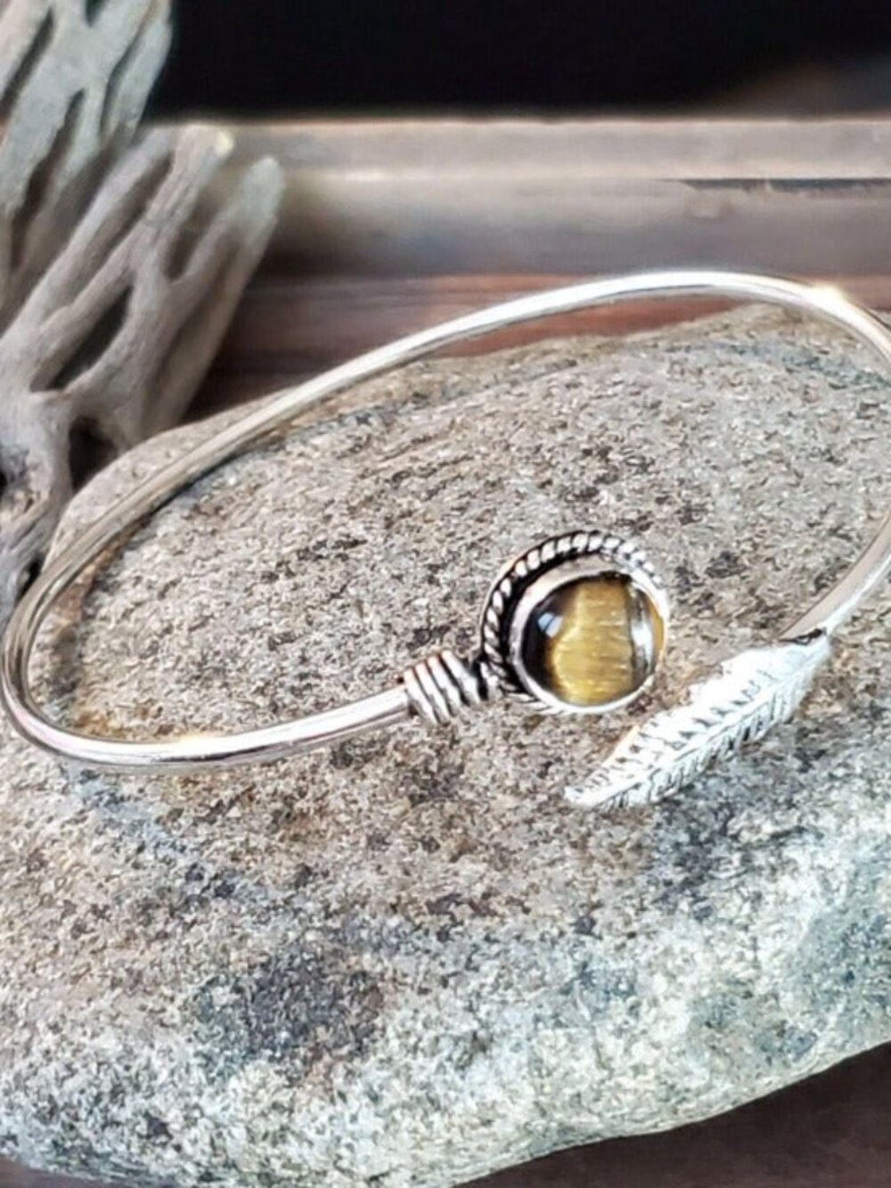 Handcrafted Tigers Eye Carved Leaf Gemstone Sterling Silver Overlay Artisan Cuff - Picture 2 of 7